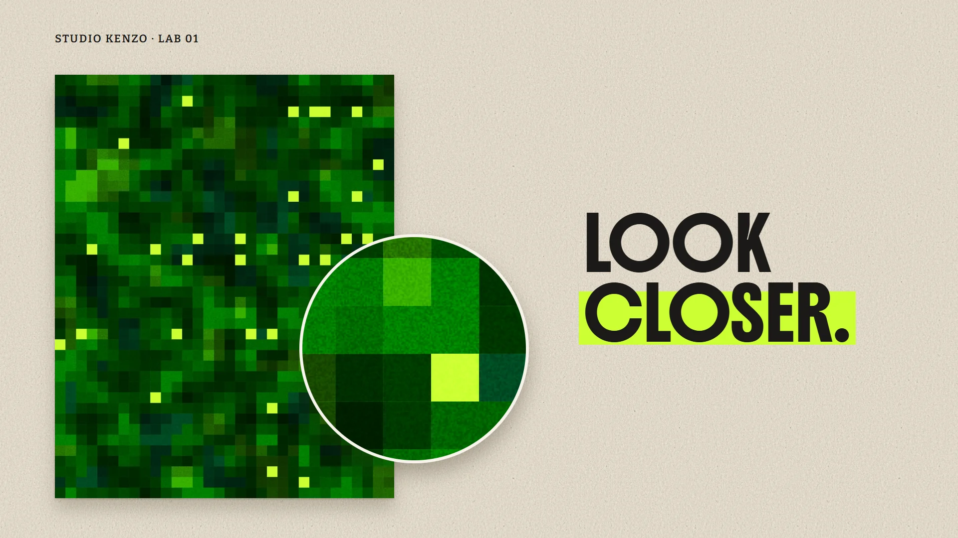 A pixel mosaic with a zoom circle showing the grain at full resolution