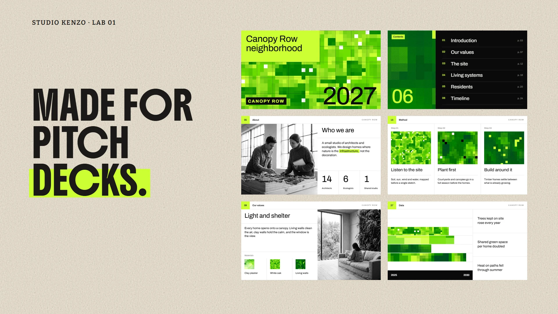 Six slides from a sample pitch deck using the backgrounds