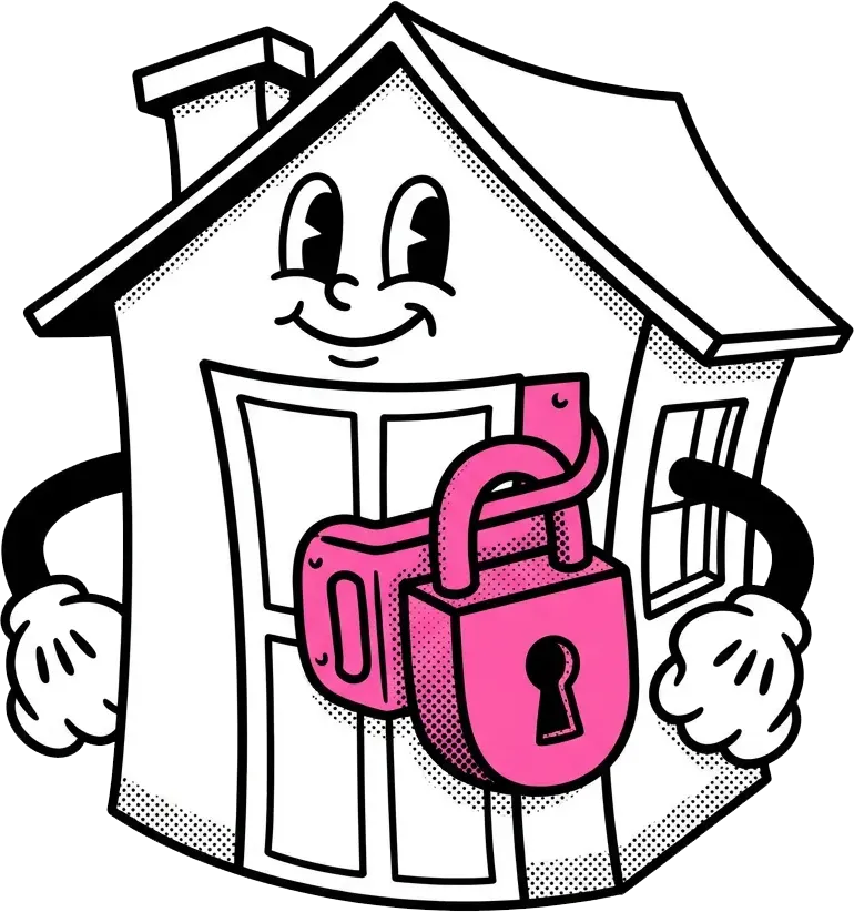 Residential locks icon, a smiling house holding a padlock