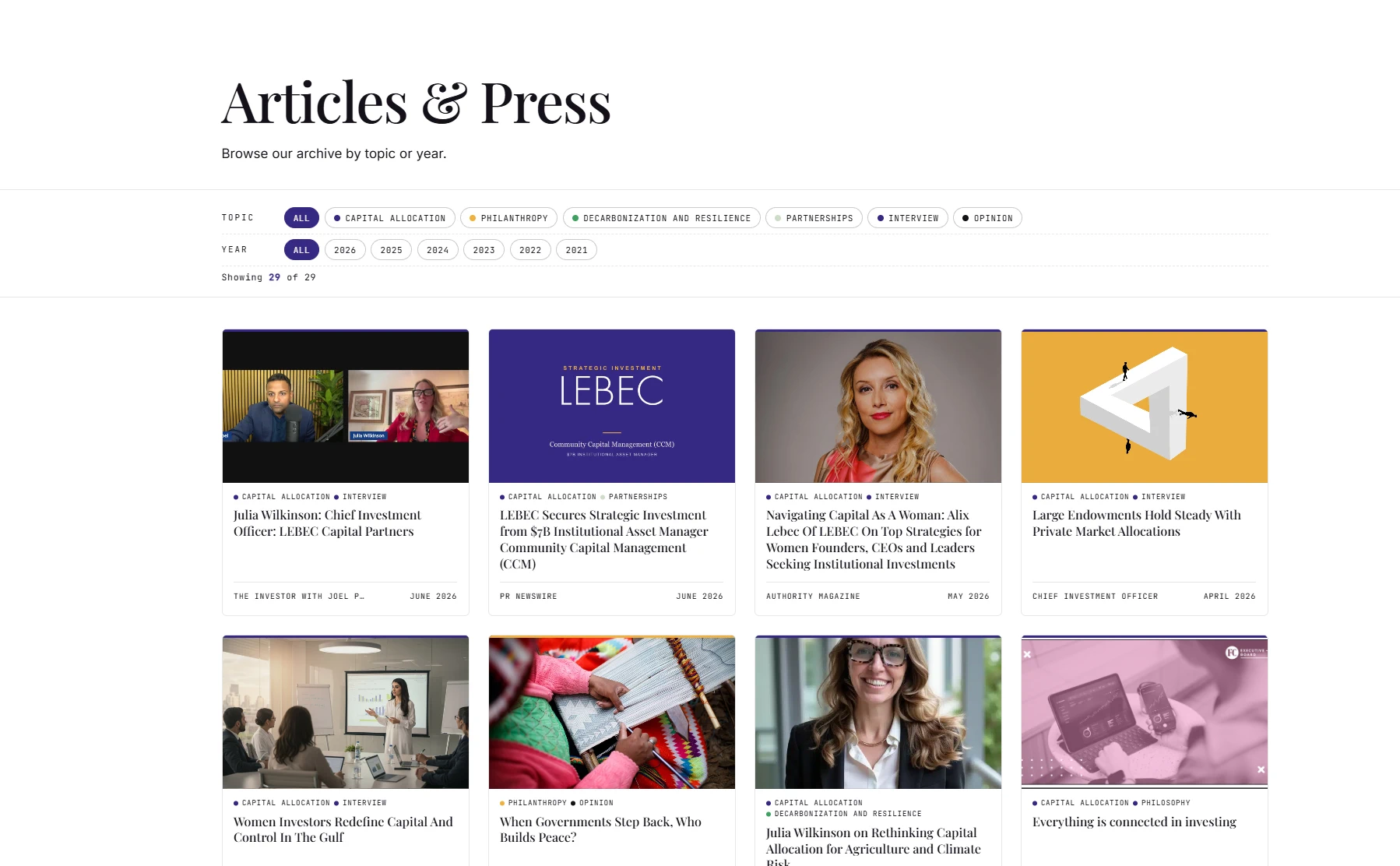 LEBEC articles and press page on the new site, with filters, categories, and thumbnails