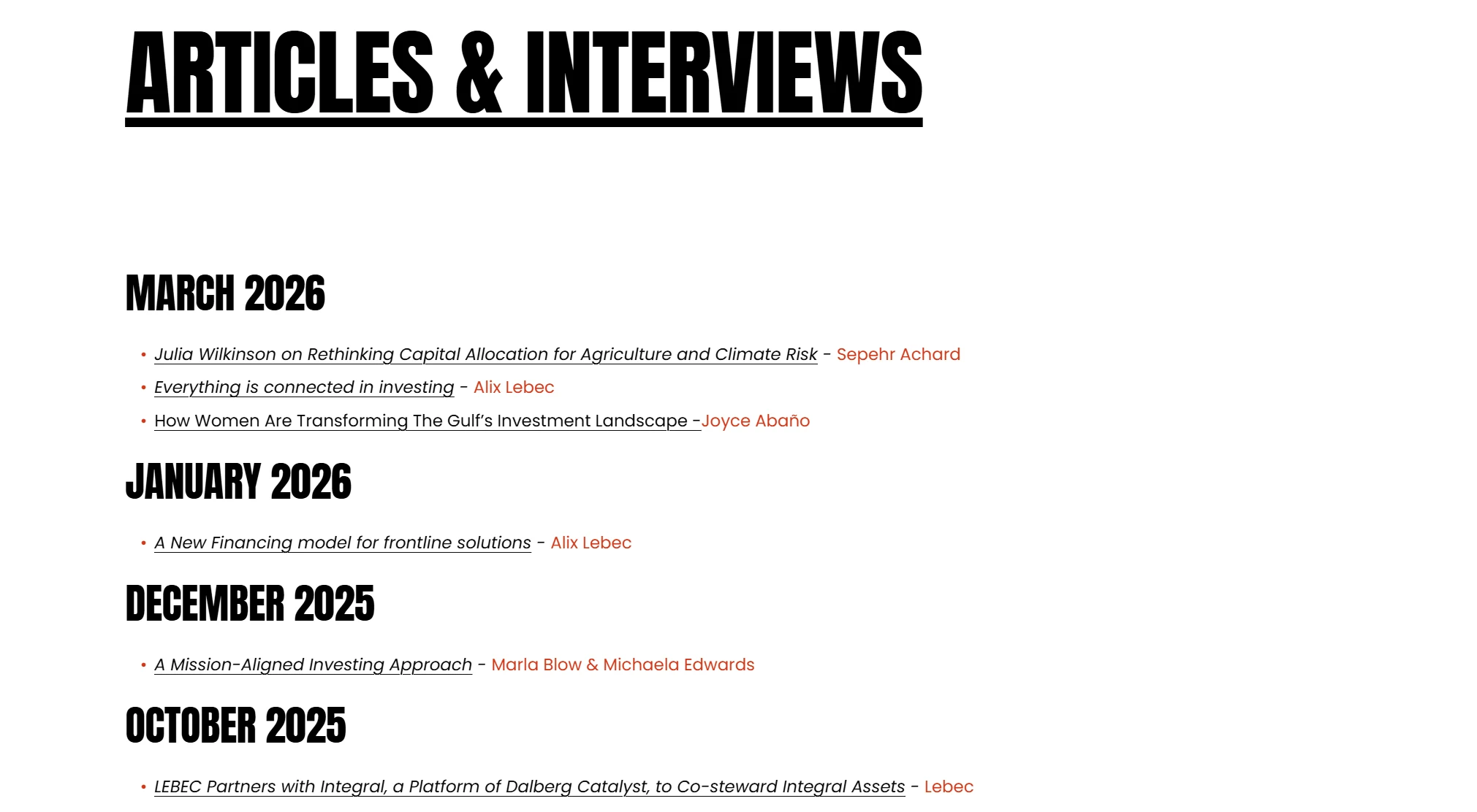 LEBEC articles and press page on the old site, a plain scrollable list of links organized by date