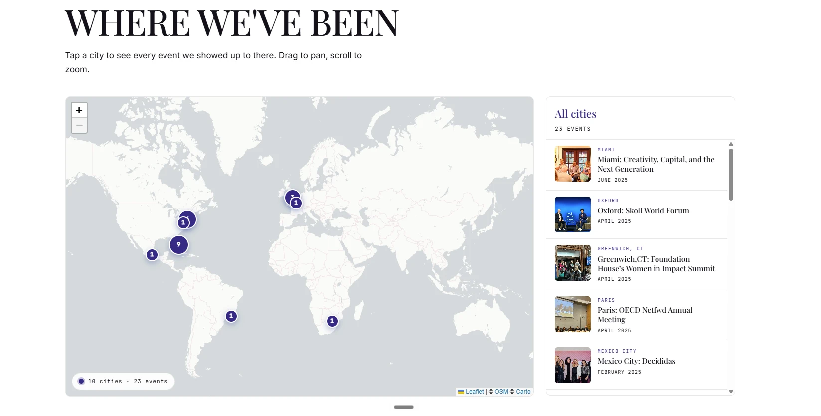 LEBEC events on the new site, shown as an interactive map built with Leaflet