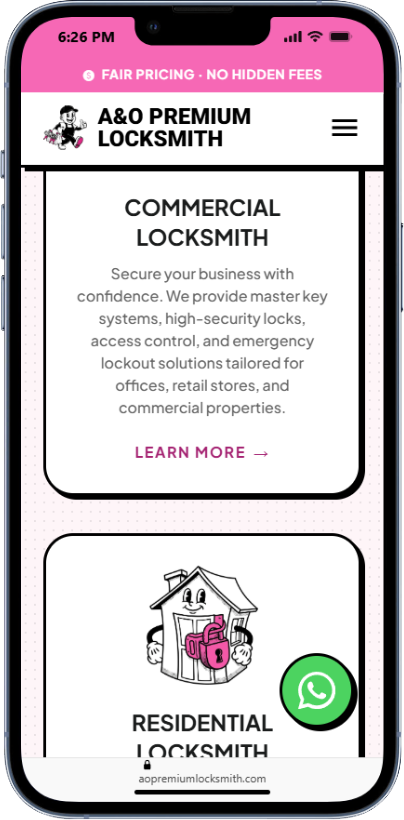 The green WhatsApp button anchored to the bottom-right corner of the A&O Premium Locksmith site